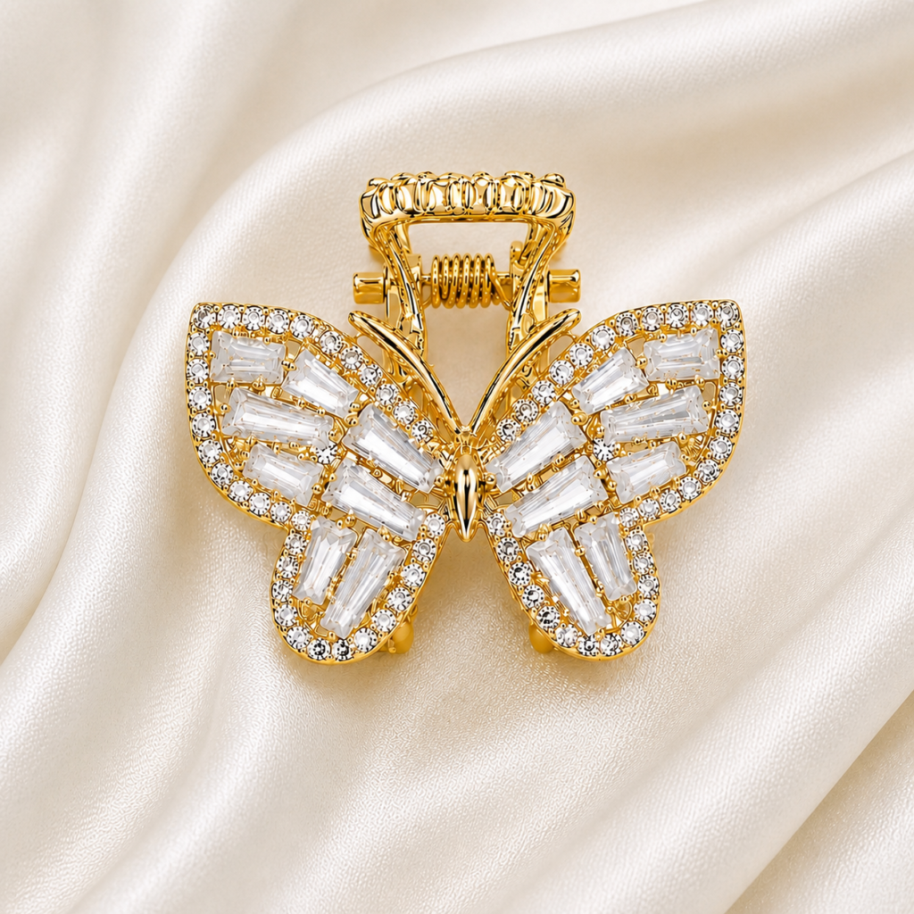 Gold Butterfly Baguette Rhinestone Metal Hair Claw Clip