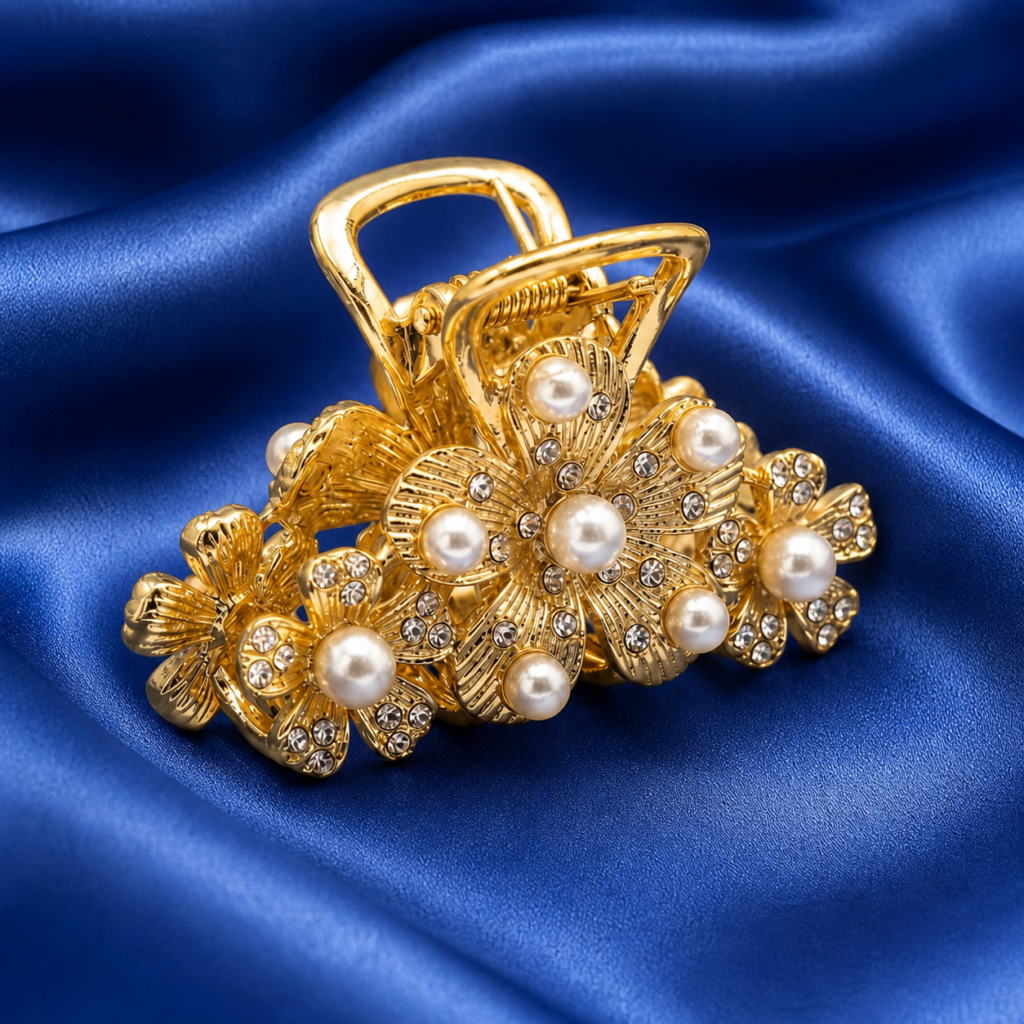 Gold Triple Flower Pearl & Rhinestone Metal Hair Claw Clip