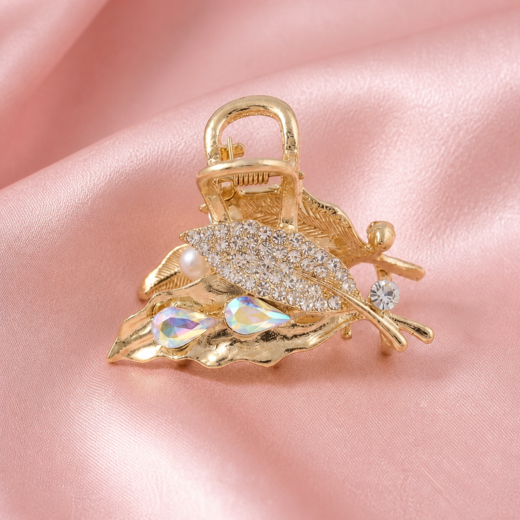 Gold Leaf Rhinestone & Crystal Metal Hair Claw Clip
