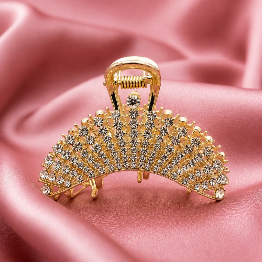 Gold Fan Rhinestone Metal Hair Claw Clip