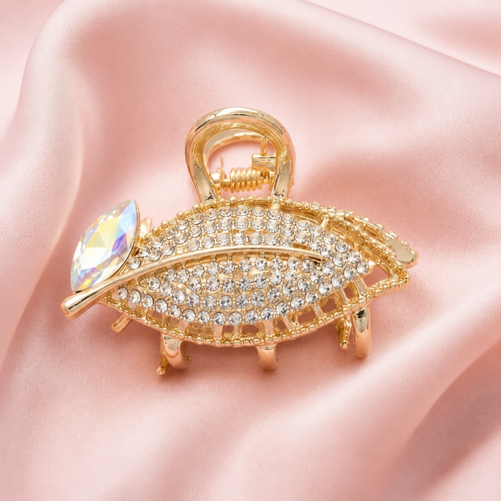 Gold Leaf Rhinestone & Marquise Crystal Metal Hair Claw Clip
