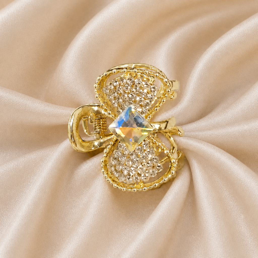 Gold Bow Rhinestone & Square Crystal Metal Hair Claw Clip