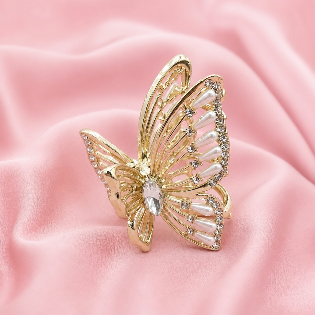 Gold Butterfly Pearl & Crystal Metal Hair Claw Clip
