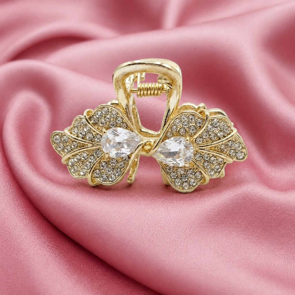 Gold Bow Rhinestone & Teardrop Crystal Metal Hair Claw Clip
