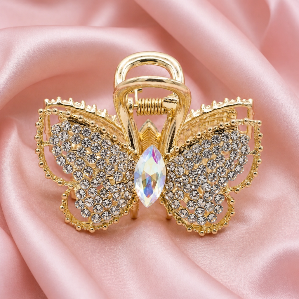Gold Butterfly Rhinestone & Marquise Crystal Metal Hair Claw Clip