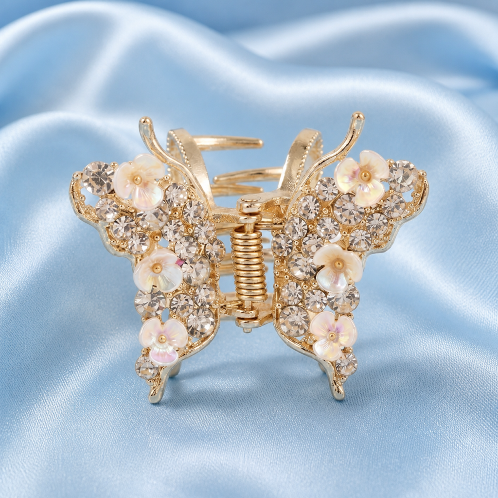 Gold Butterfly Floral & Rhinestone Metal Hair Claw Clip