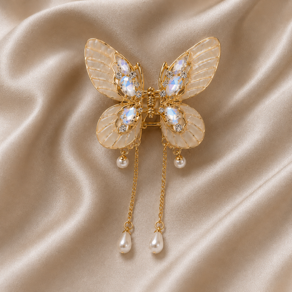 Gold Butterfly Enamel & Crystal Tassel Pearl Metal Hair Claw Clip