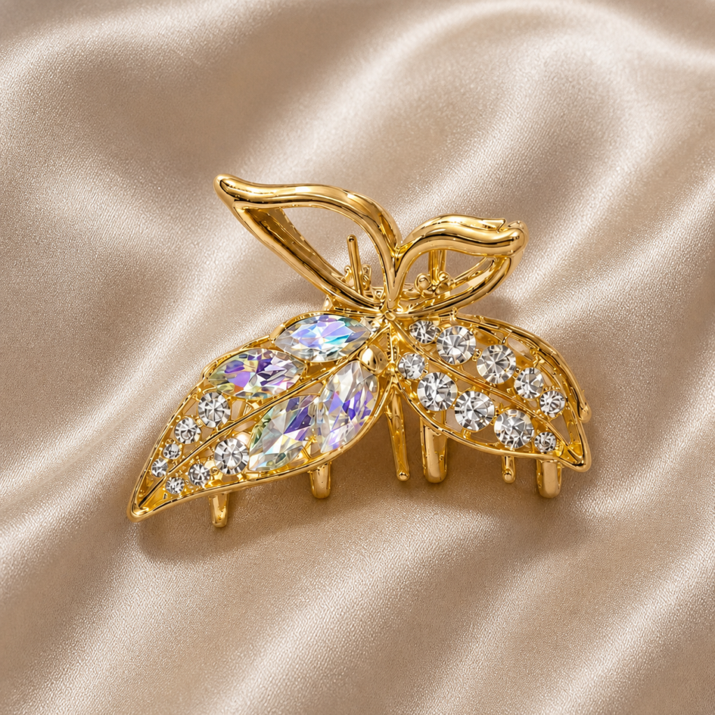 Gold Twin Leaf Butterfly Rhinestone Metal Hair Claw Clip