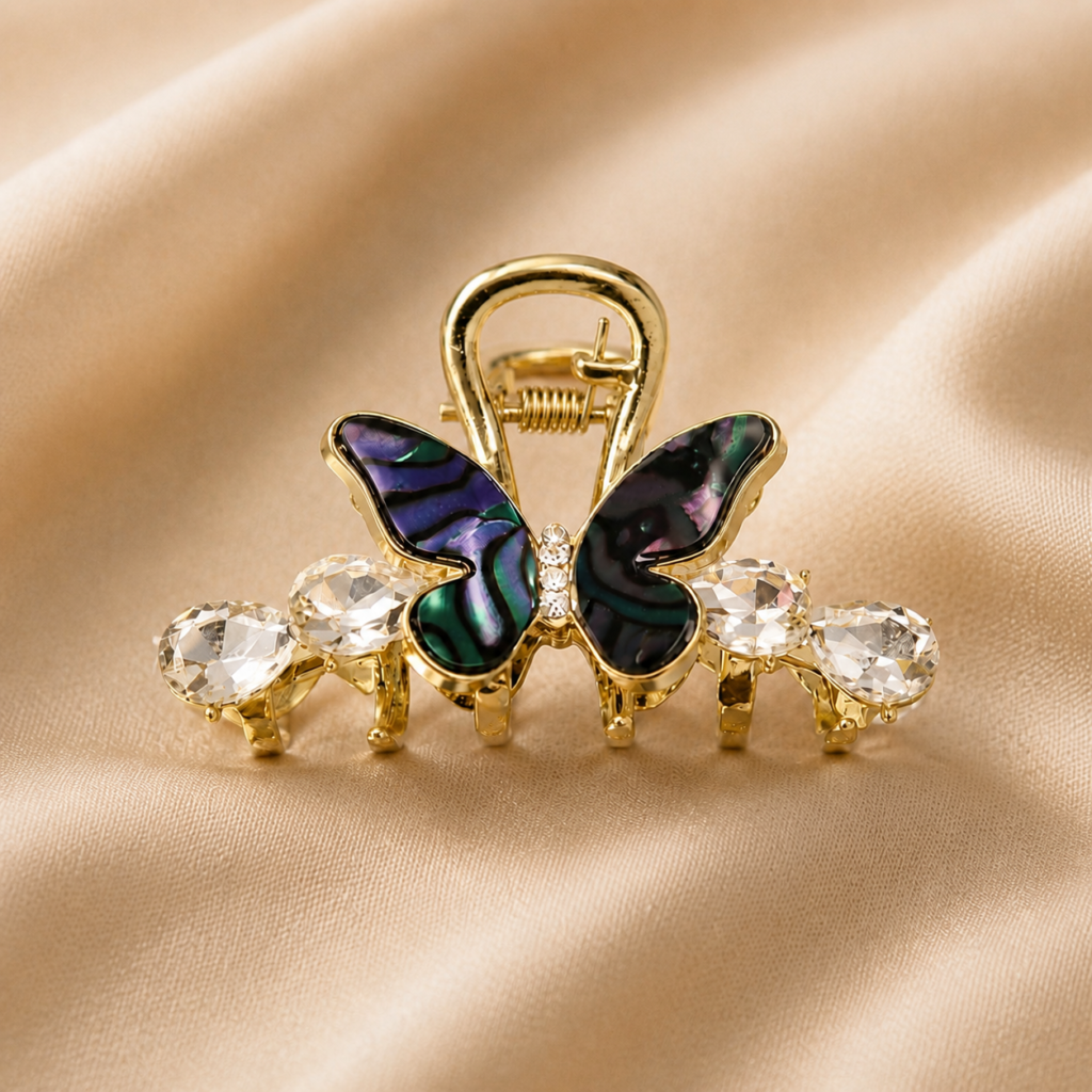 Gold Multicolor Abalone Butterfly Crystal Metal Hair Claw Clip