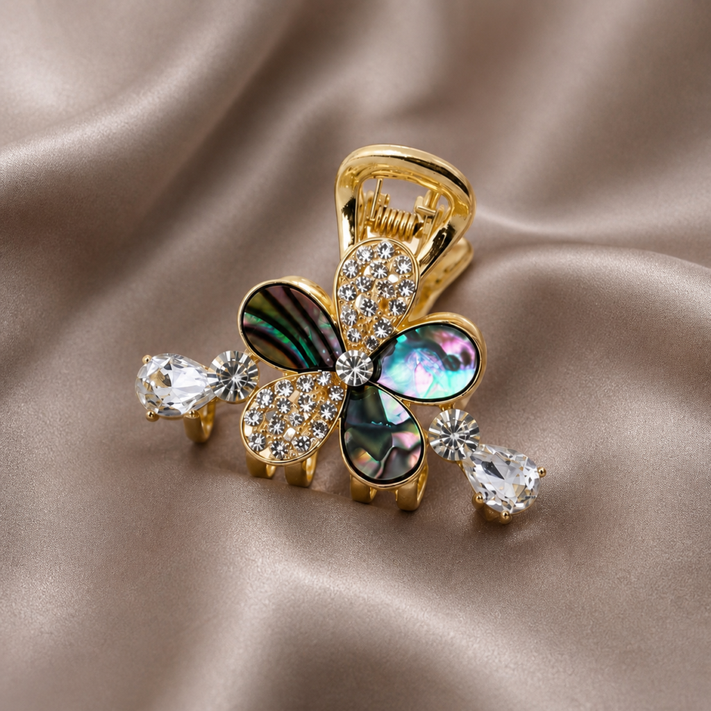 Gold Multicolor Abalone Flower Crystal Metal Hair Claw Clip