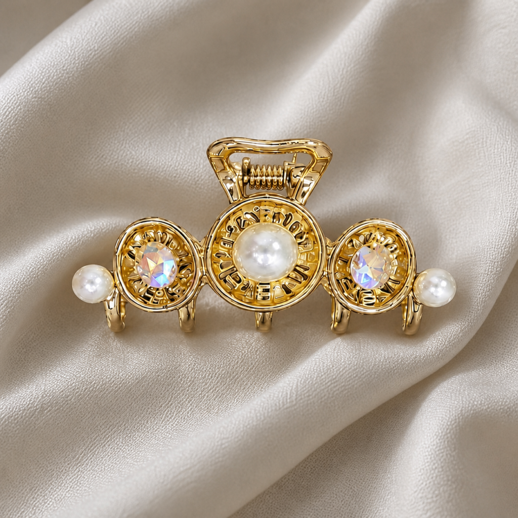 Gold Round Medallion Pearl & Crystal Metal Hair Claw Clip
