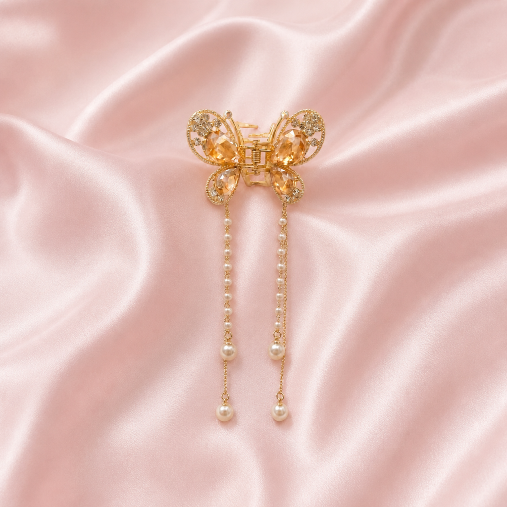 Gold Butterfly Champagne Crystal Tassel Pearl Metal Hair Claw Clip