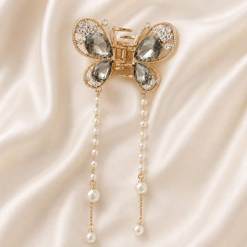 Gold Butterfly Grey Crystal Tassel Pearl Metal Hair Claw Clip