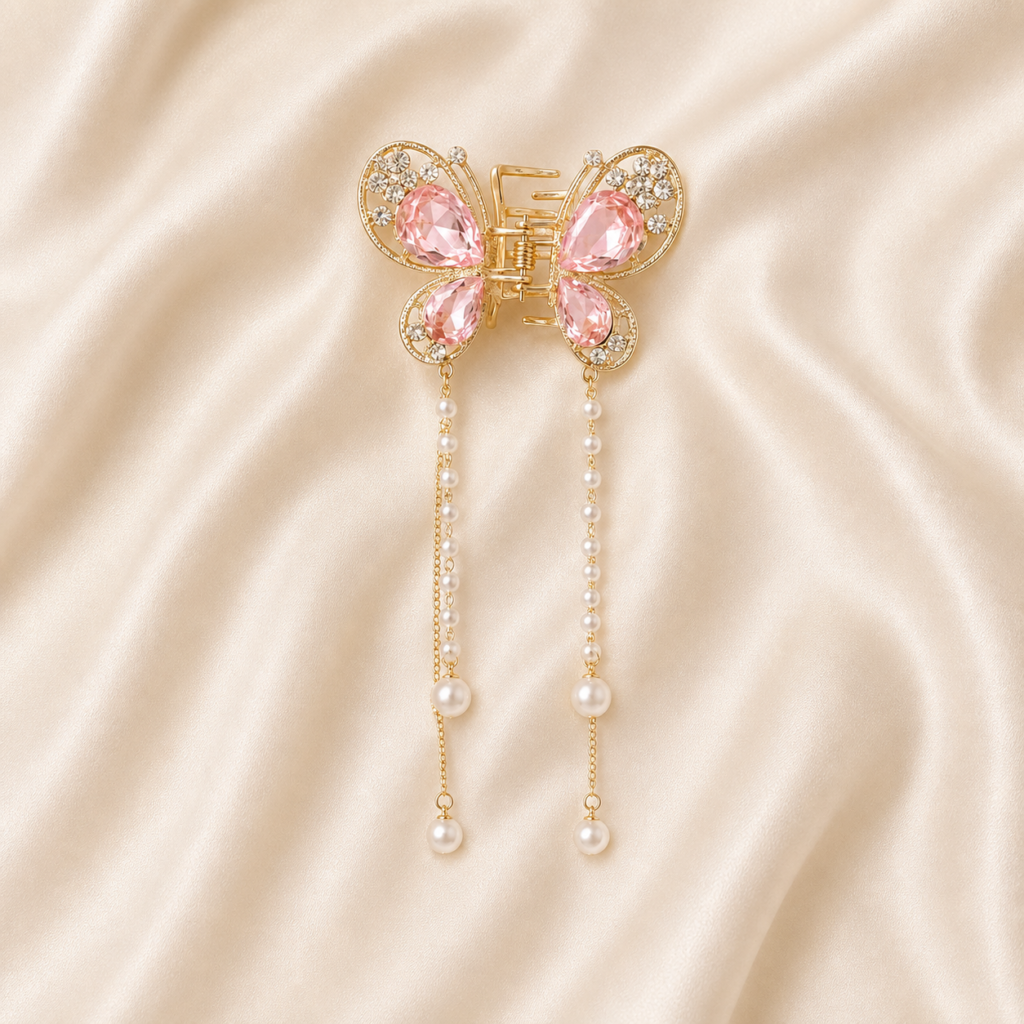 Gold Butterfly Pink Crystal Tassel Pearl Metal Hair Claw Clip