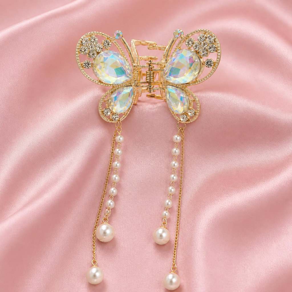 Gold Butterfly Clear Iridescent Crystal Tassel Pearl Metal Hair Claw Clip