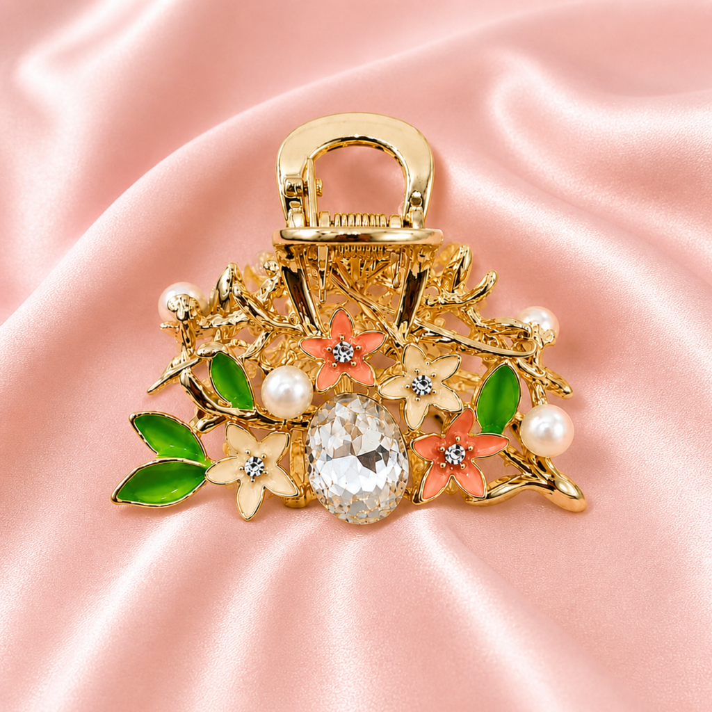 Gold Blush Pink Floral Enamel Leaves Pearl & Crystal Metal Hair Claw Clip