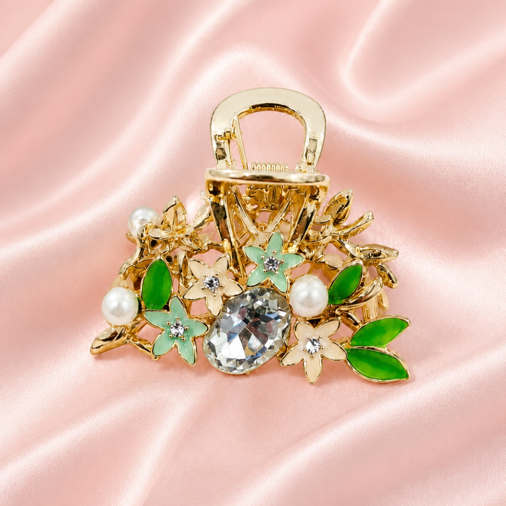 Gold Blue Floral Enamel Leaves Pearl & Crystal Metal Hair Claw Clip