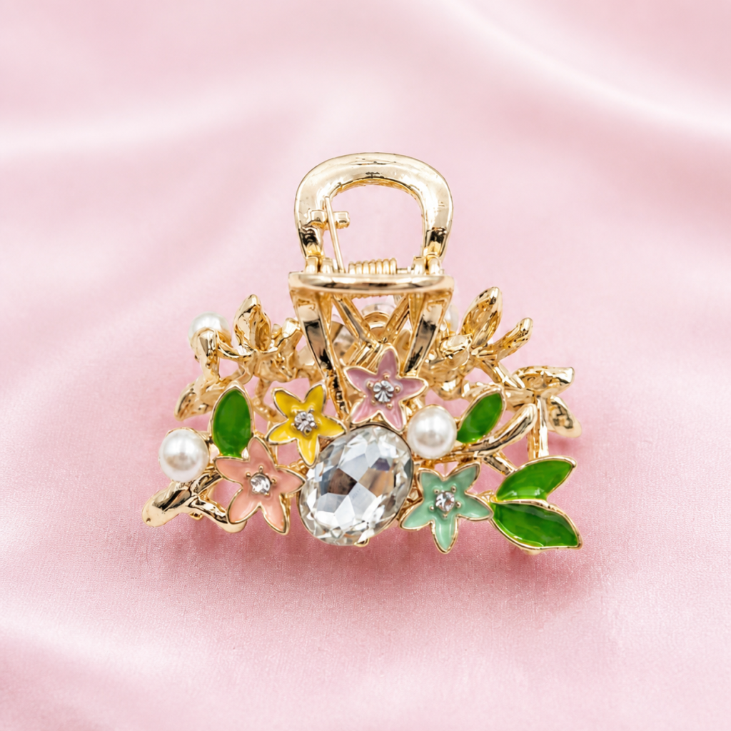 Gold Pastel Multicolor Floral Enamel Leaves Pearl & Crystal Metal Hair Claw Clip