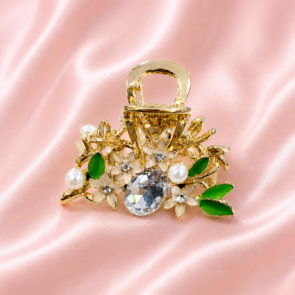 Gold White Floral Enamel Leaves Pearl & Crystal Metal Hair Claw Clip