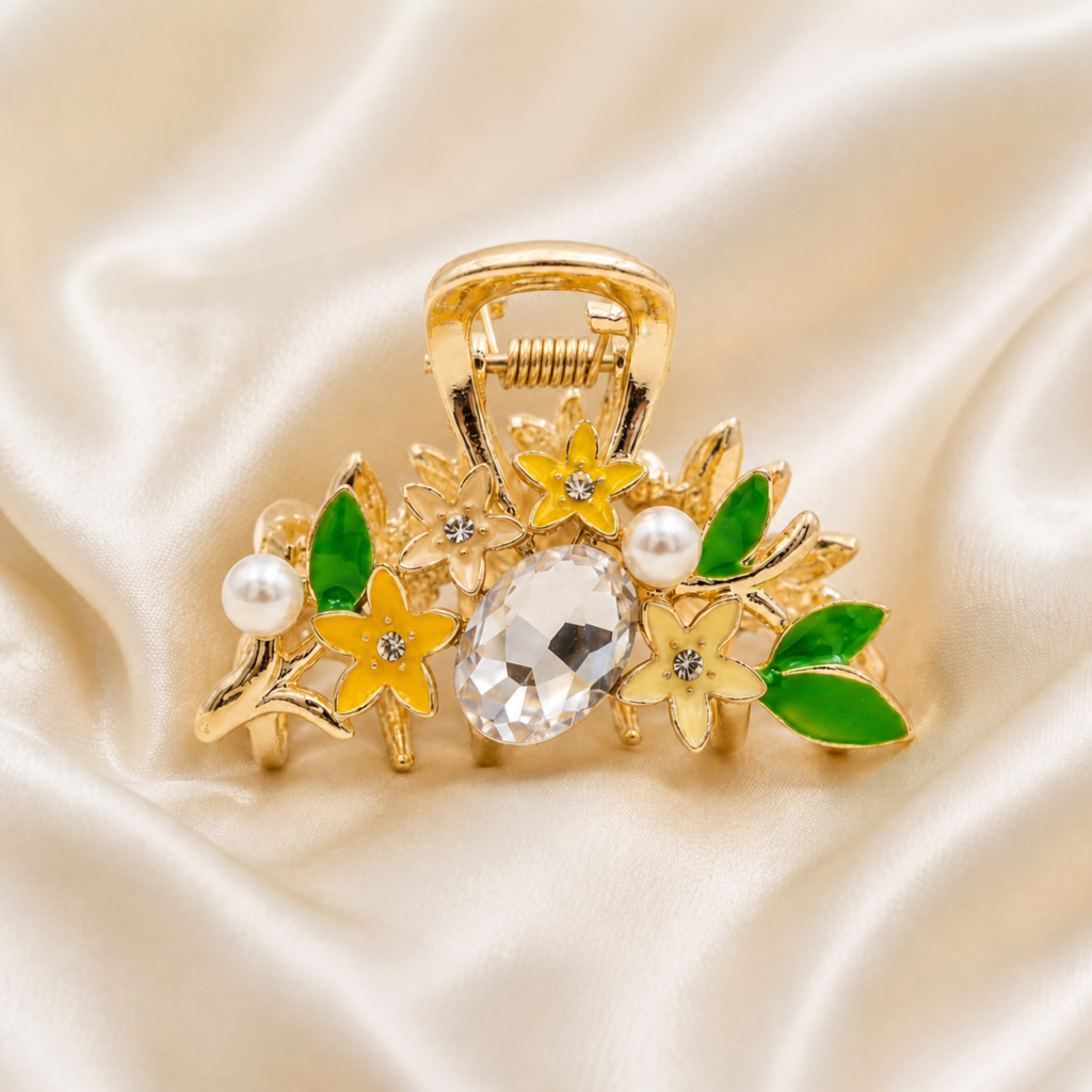 Gold Yellow Floral Enamel Leaves Pearl & Crystal Metal Hair Claw Clip