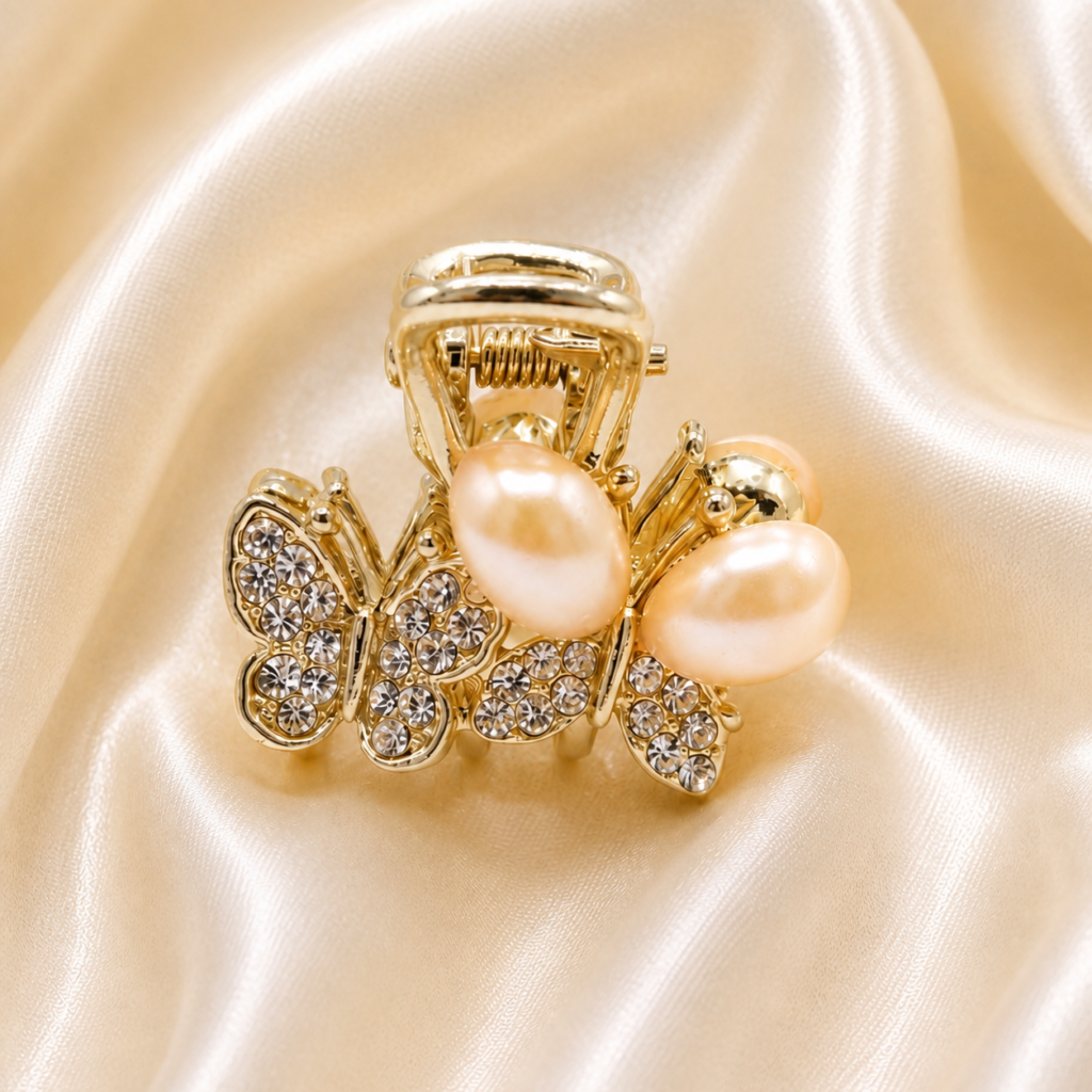 Gold Butterfly Cream Cat Eye Stone Rhinestone Metal Hair Claw Clip