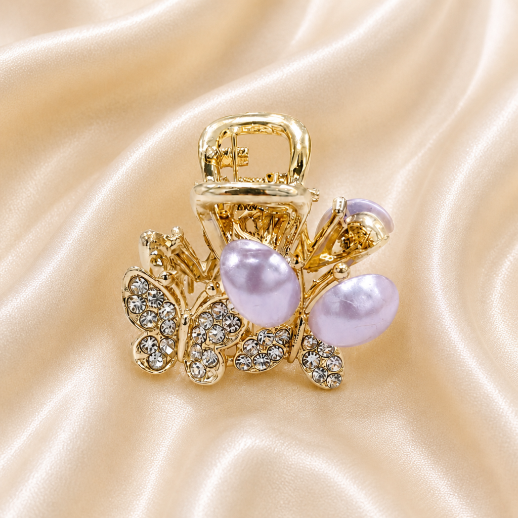 Gold Butterfly Lavender Cat Eye Stone Rhinestone Metal Hair Claw Clip
