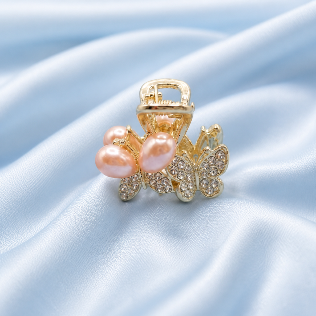 Gold Butterfly Pink Cat Eye Stone Rhinestone Metal Hair Claw Clip