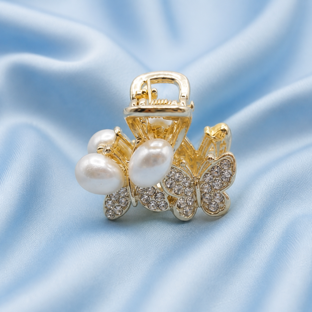 Gold Butterfly White Pearl Rhinestone Metal Hair Claw Clip