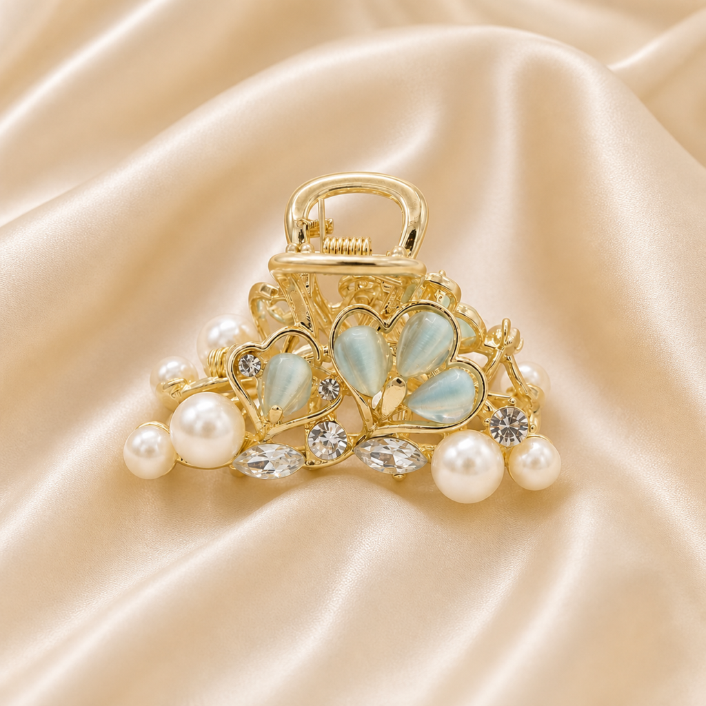 Gold Blush Pink Heart Flower Pearl Marquise Crystal Metal Hair Claw Clip