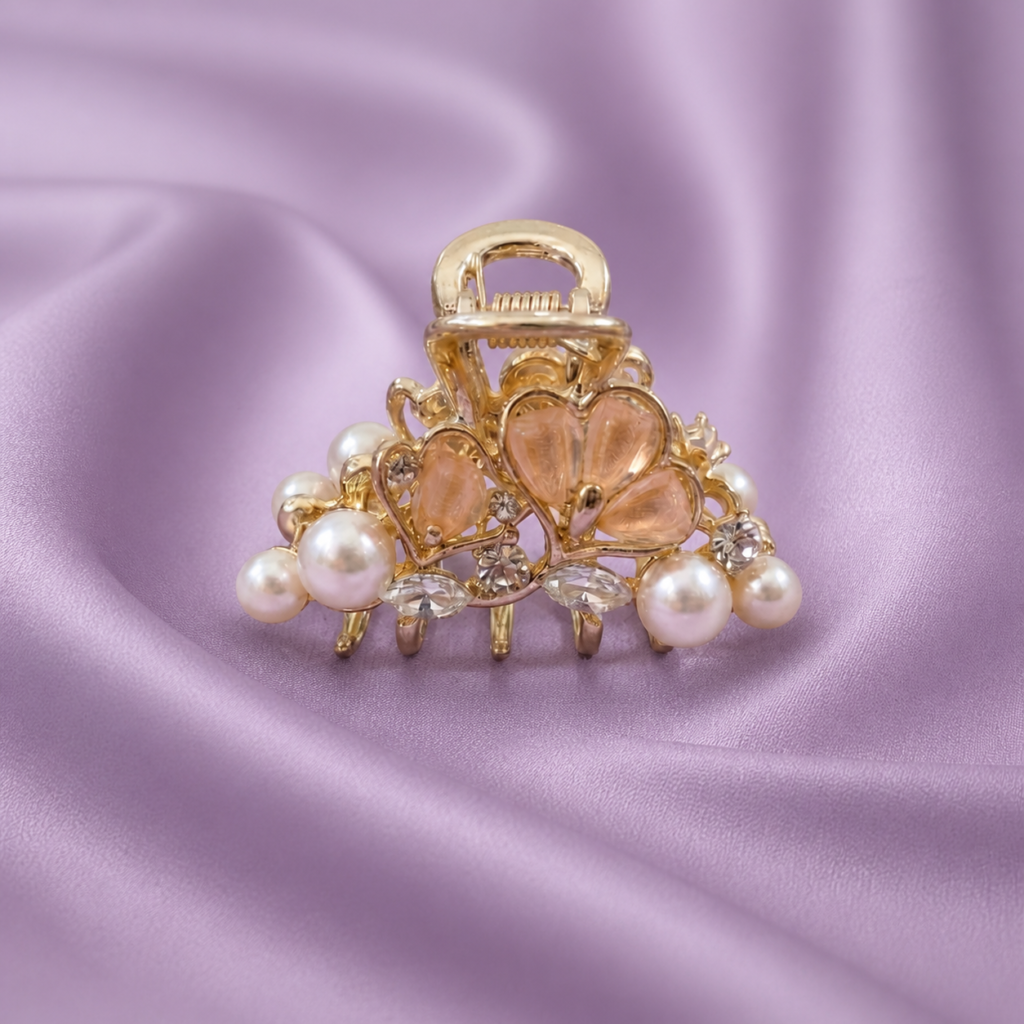 Gold Cream Heart Flower Pearl Marquise Crystal Metal Hair Claw Clip