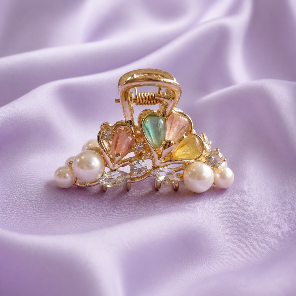 Gold Pastel Multicolor Heart Flower Pearl Marquise Crystal Metal Hair Claw Clip