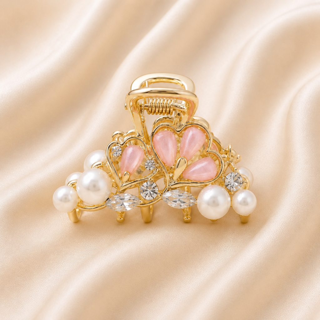 Gold Pink Heart Flower Pearl Marquise Crystal Metal Hair Claw Clip