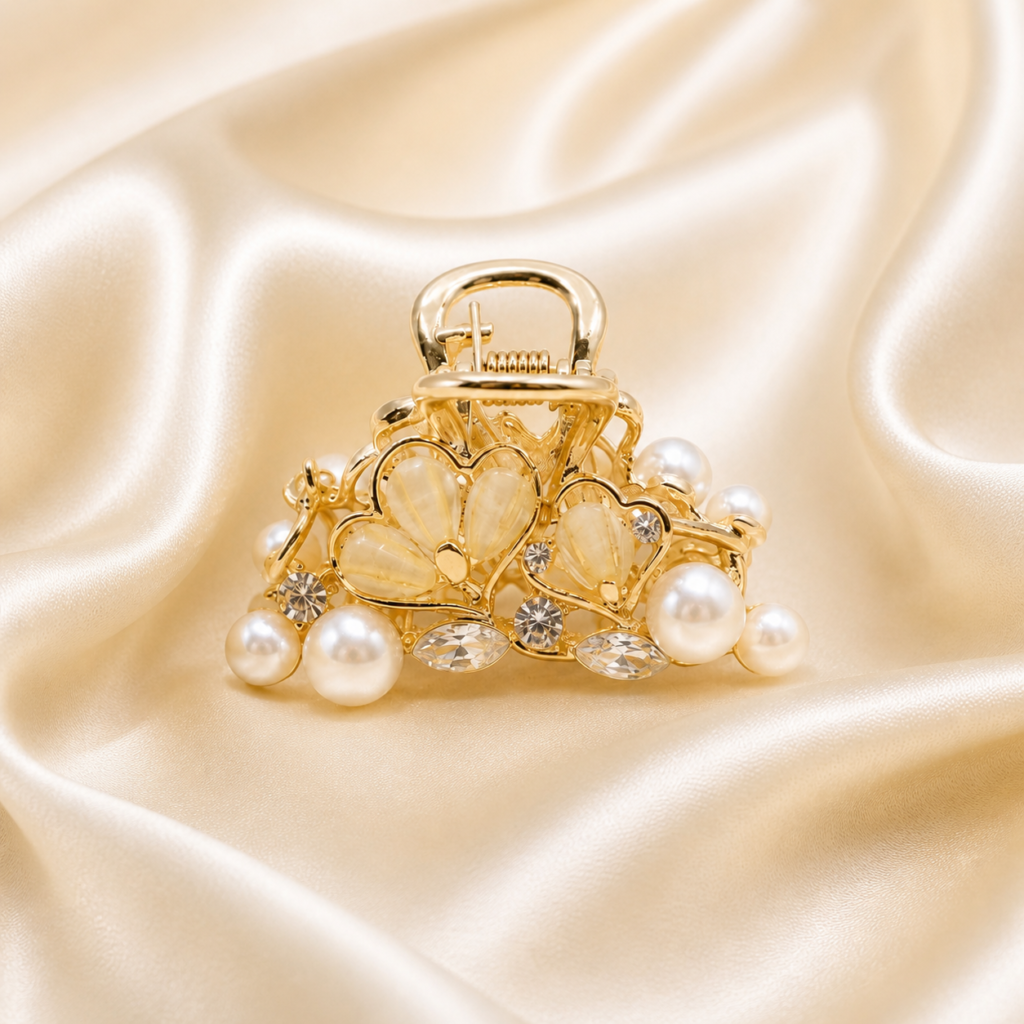 Gold White Heart Flower Pearl Marquise Crystal Metal Hair Claw Clip