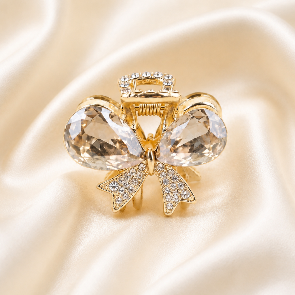 Gold Grey Pear Crystal Bowknot Rhinestone Metal Hair Claw Clip