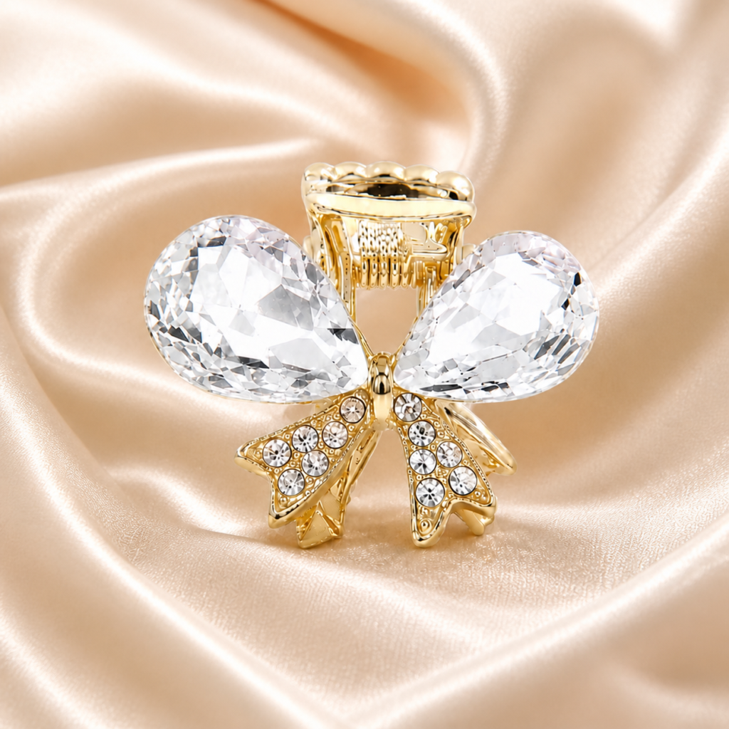 Gold Clear Pear Crystal Bowknot Rhinestone Metal Hair Claw Clip
