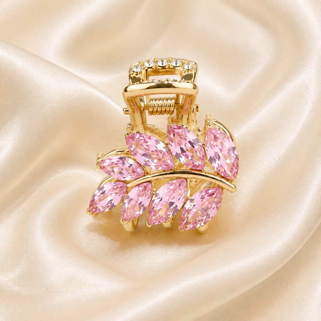 Gold Pink Iridescent Marquise Crystal Leaf Metal Hair Claw Clip