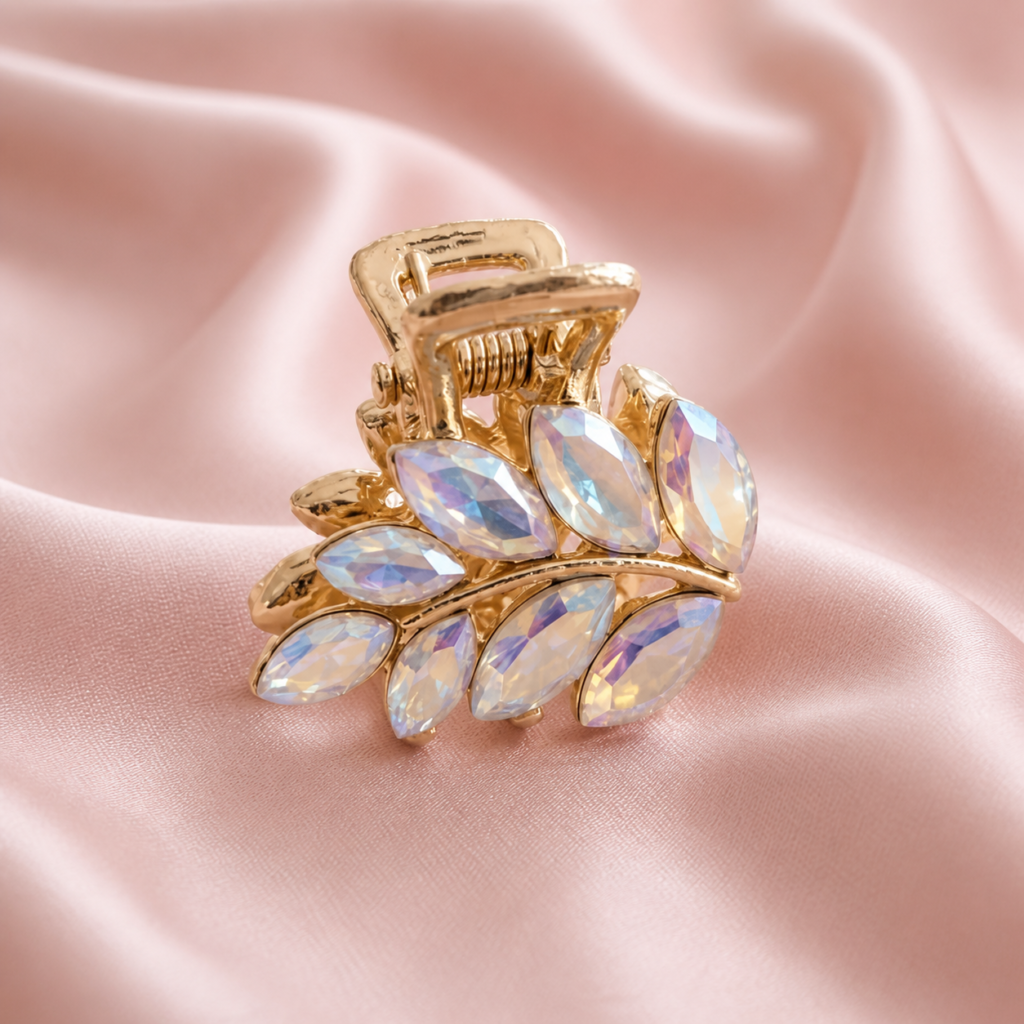 Gold Clear Iridescent Marquise Crystal Leaf Metal Hair Claw Clip