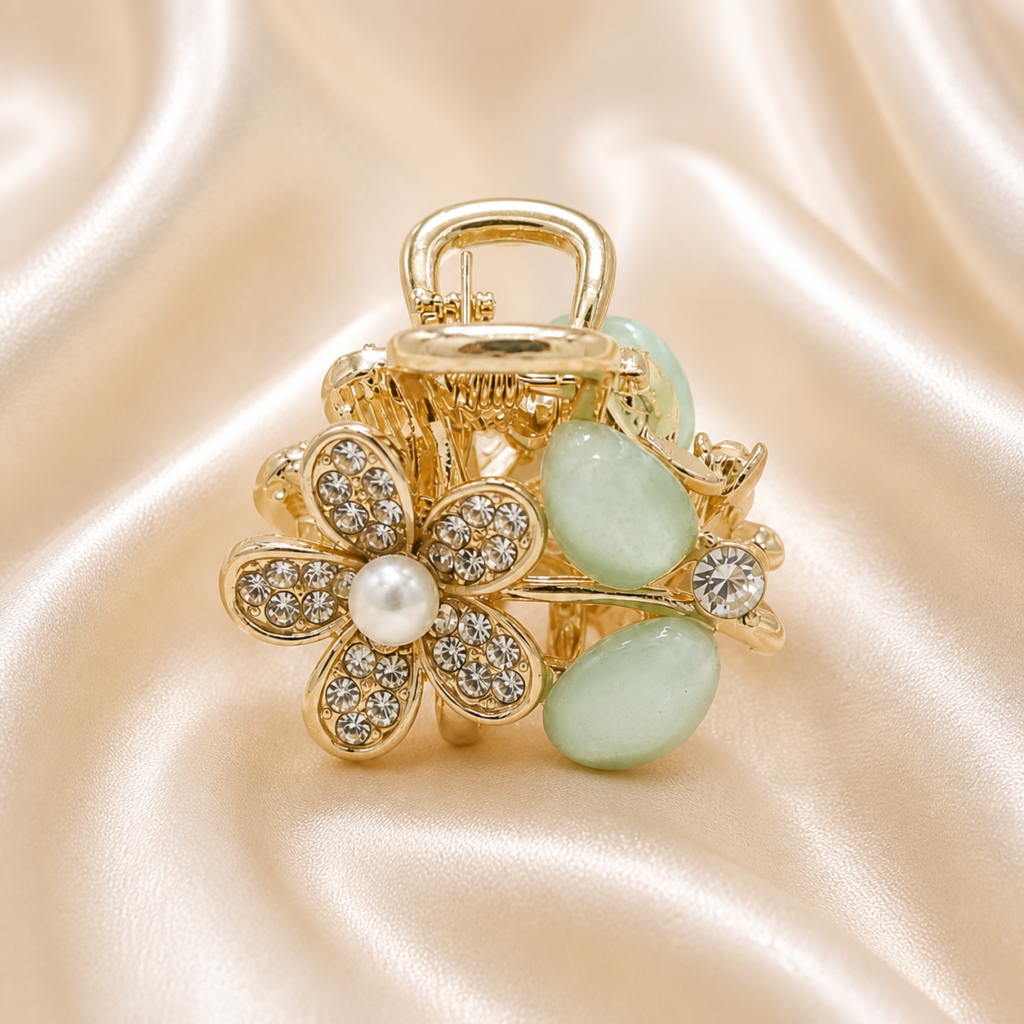 Gold Blush Pink Flower Pearl Rhinestone Metal Hair Claw Clip