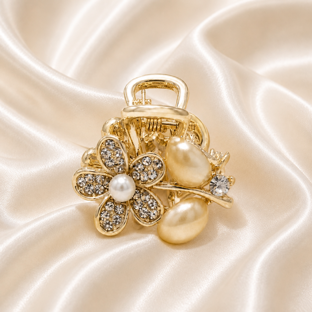 Gold Cream Flower Pearl Rhinestone Metal Hair Claw Clip