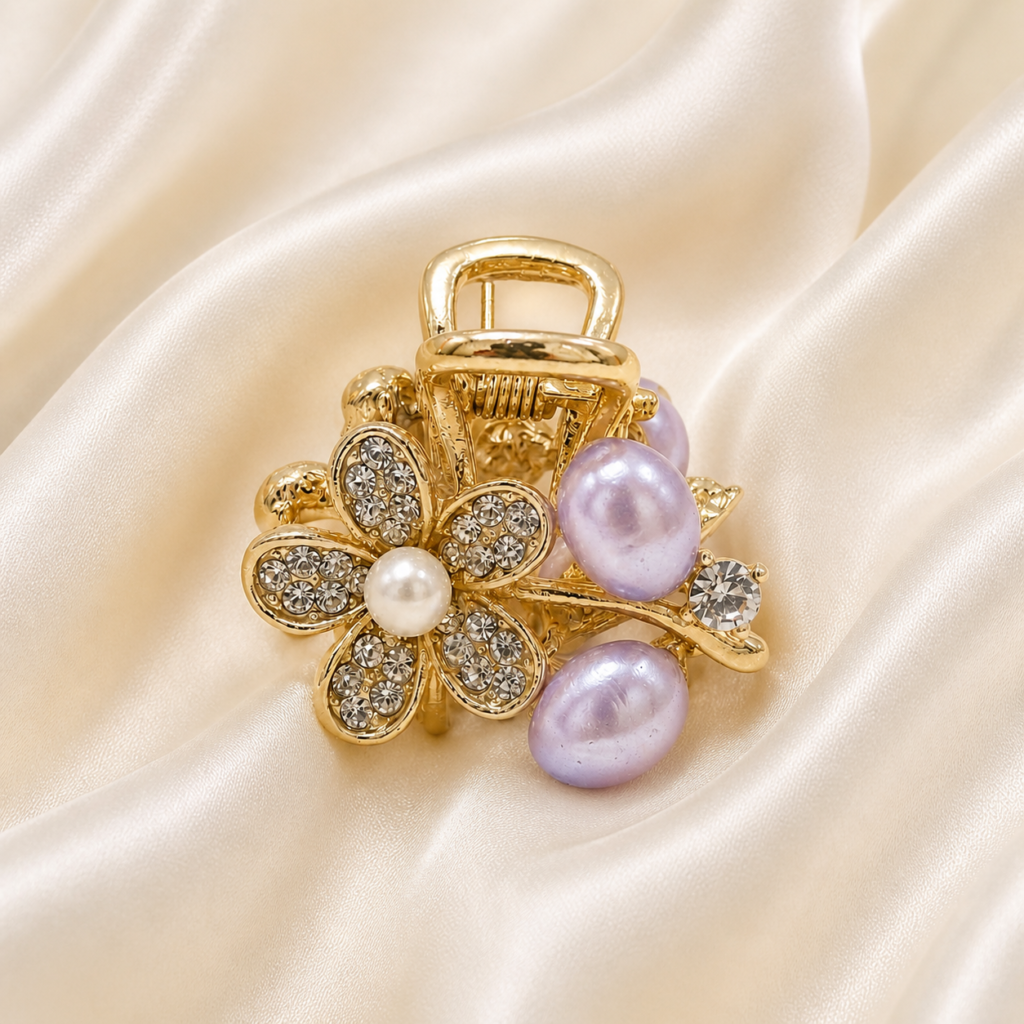 Gold lavender Flower Pearl Rhinestone Metal Hair Claw Clip
