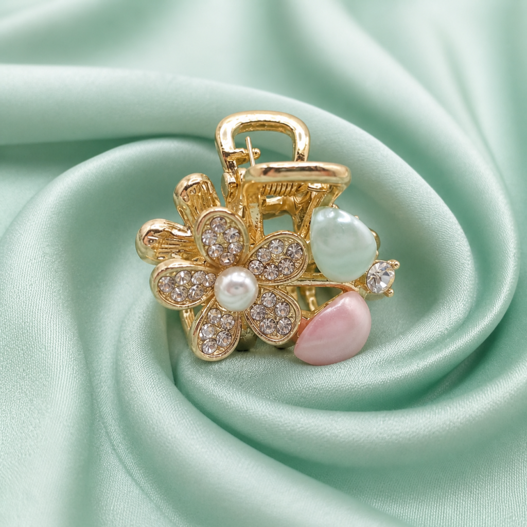 Gold Multicolor Flower Pearl Rhinestone Metal Hair Claw Clip