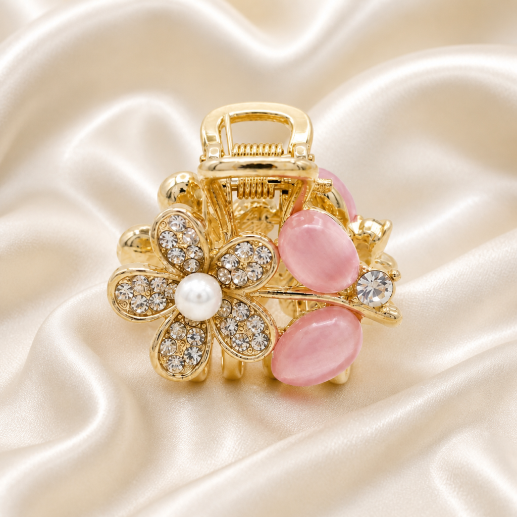 Gold Pink Flower Pearl Rhinestone Metal Hair Claw Clip