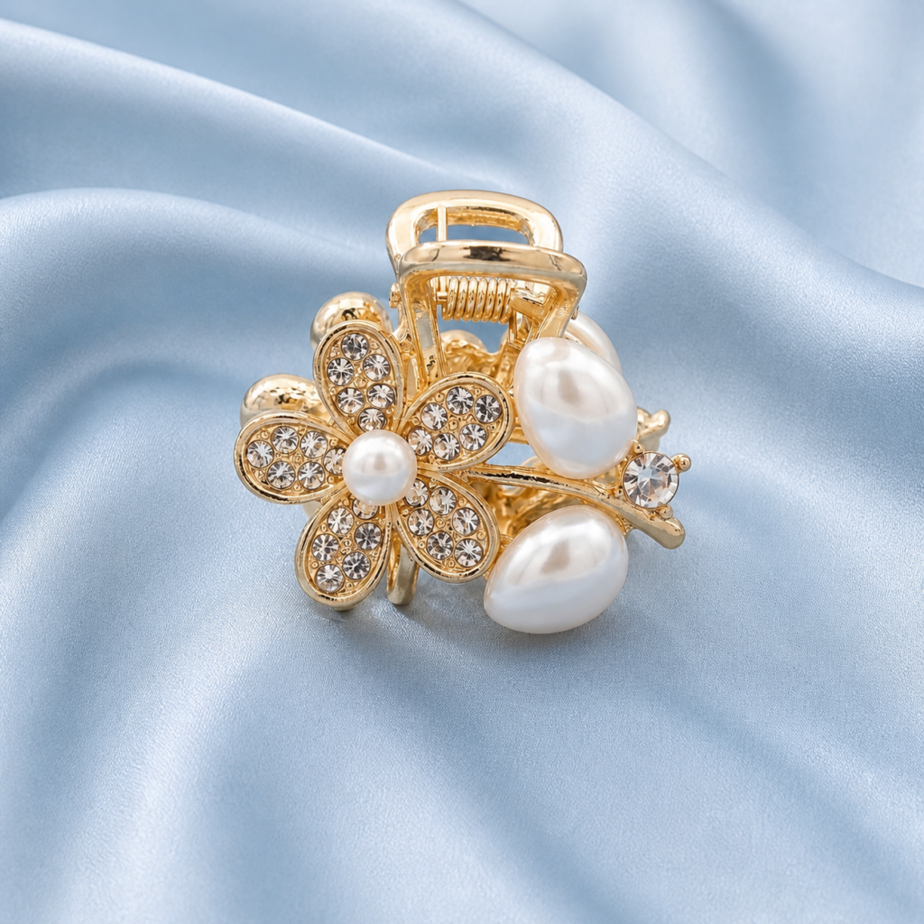 Gold White Flower Pearl Rhinestone Metal Hair Claw Clip