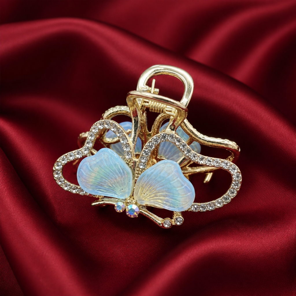 Gold Light Blue Butterfly Rhinestone Metal Hair Claw Clip