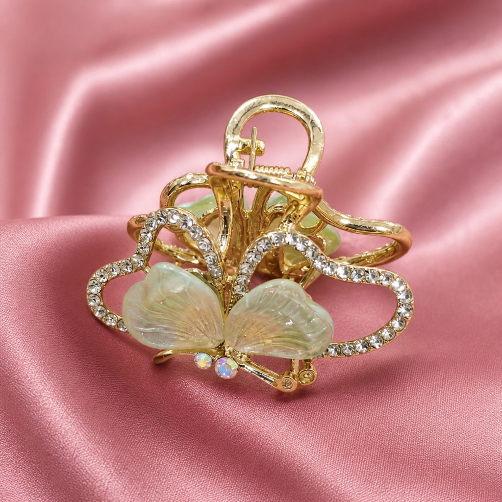Gold Light Green Butterfly Rhinestone Metal Hair Claw Clip