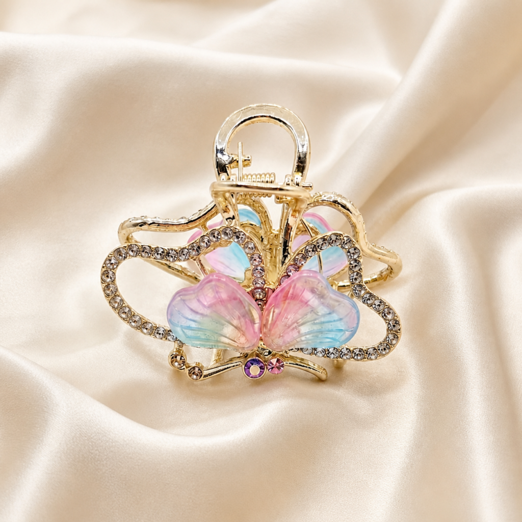 Gold Multicolor Butterfly Rhinestone Metal Hair Claw Clip
