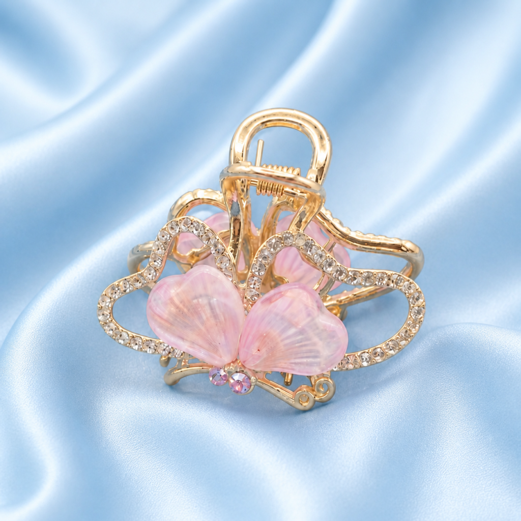 Gold Pink Butterfly Rhinestone Metal Hair Claw Clip