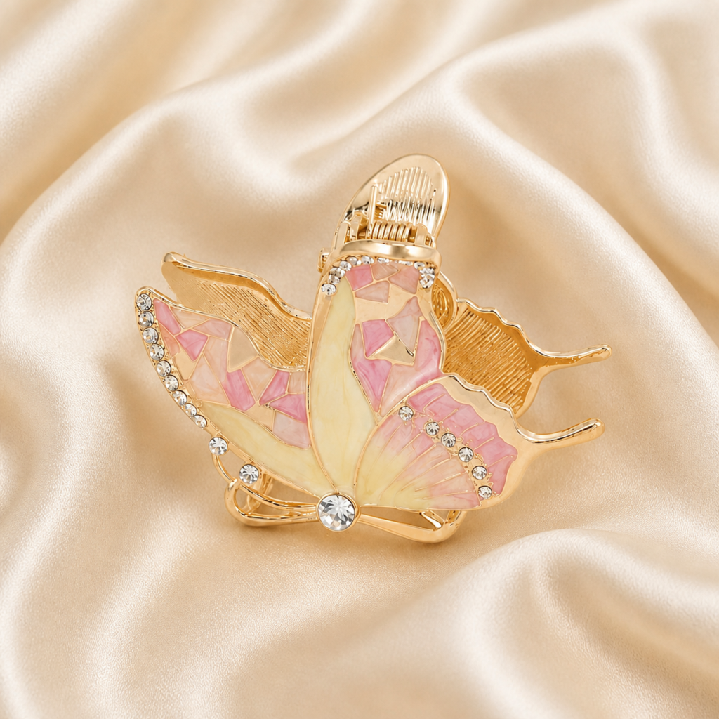 Gold Blush Pink Butterfly Rhinestone Metal Hair Claw Clip