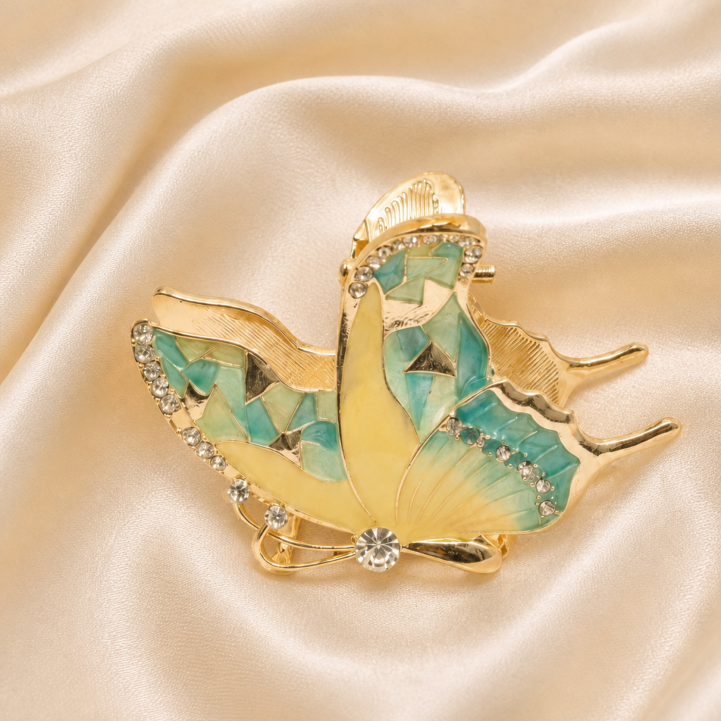 Gold Blue Butterfly Rhinestone Metal Hair Claw Clip