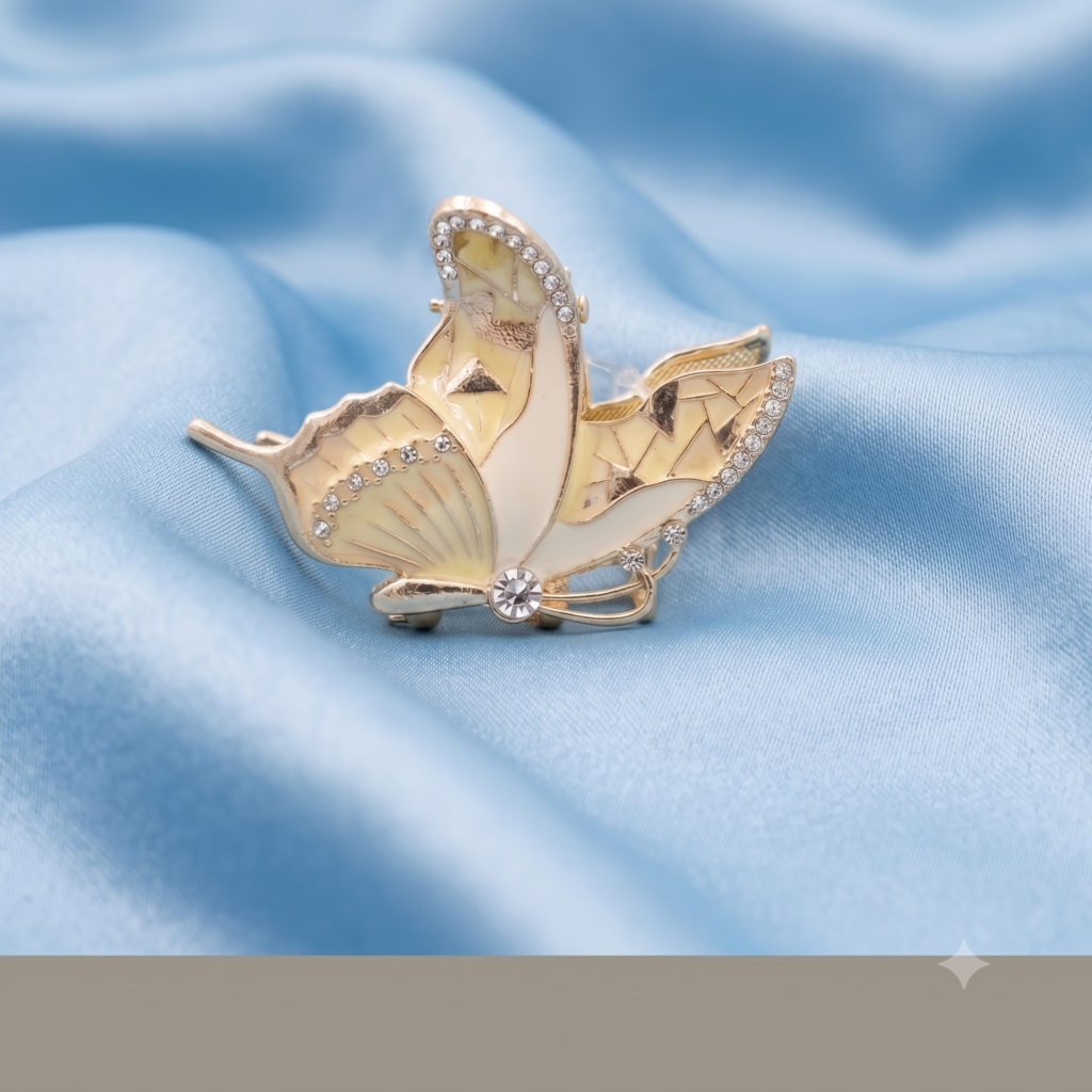 Gold Cream Butterfly Rhinestone Metal Hair Claw Clip